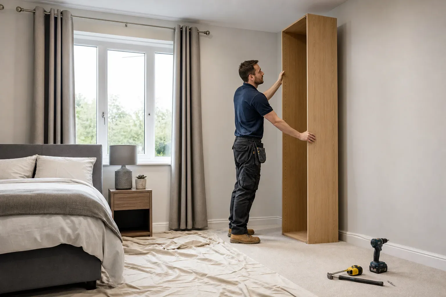 A tradesperson positions a tall wooden wardrobe carcass against a bedroom wall, with a cordless drill and tools resting on the carpeted floor nearby