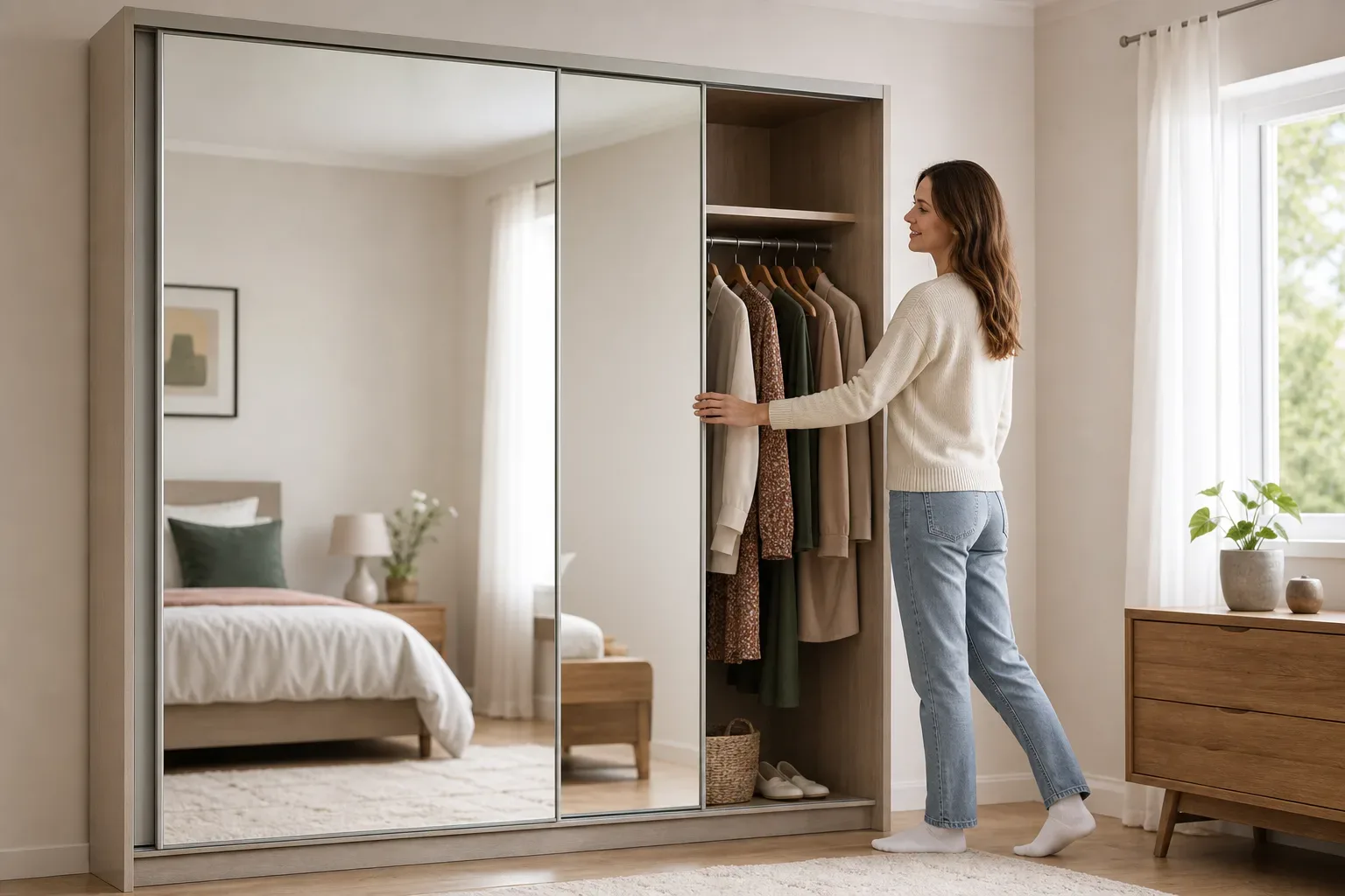 A person opens a mirrored sliding-door wardrobe in a tidy, light-filled bedroom, revealing hanging clothes inside