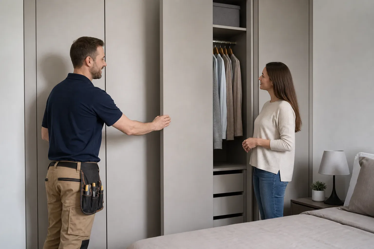 A tradesperson gently pushing a wardrobe door to demonstrate the soft-close damper slowing the swing while a homeowner watches the door settle quietly against the carcass frame in a tidy bedroom