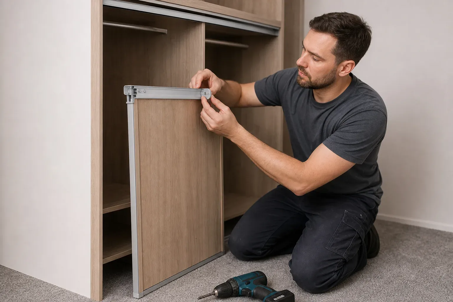 A carpenter fitting the soft-close brake unit into the end cap of a sliding door track while the door panel rests against the open wardrobe carcass and a cordless drill lies on the carpet