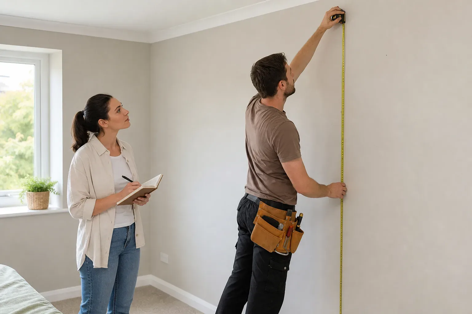 A carpenter measuring the height of an empty bedroom wall with a steel tape before marking fixing positions for a wardrobe carcass while a homeowner holds a notepad nearby in natural daylight