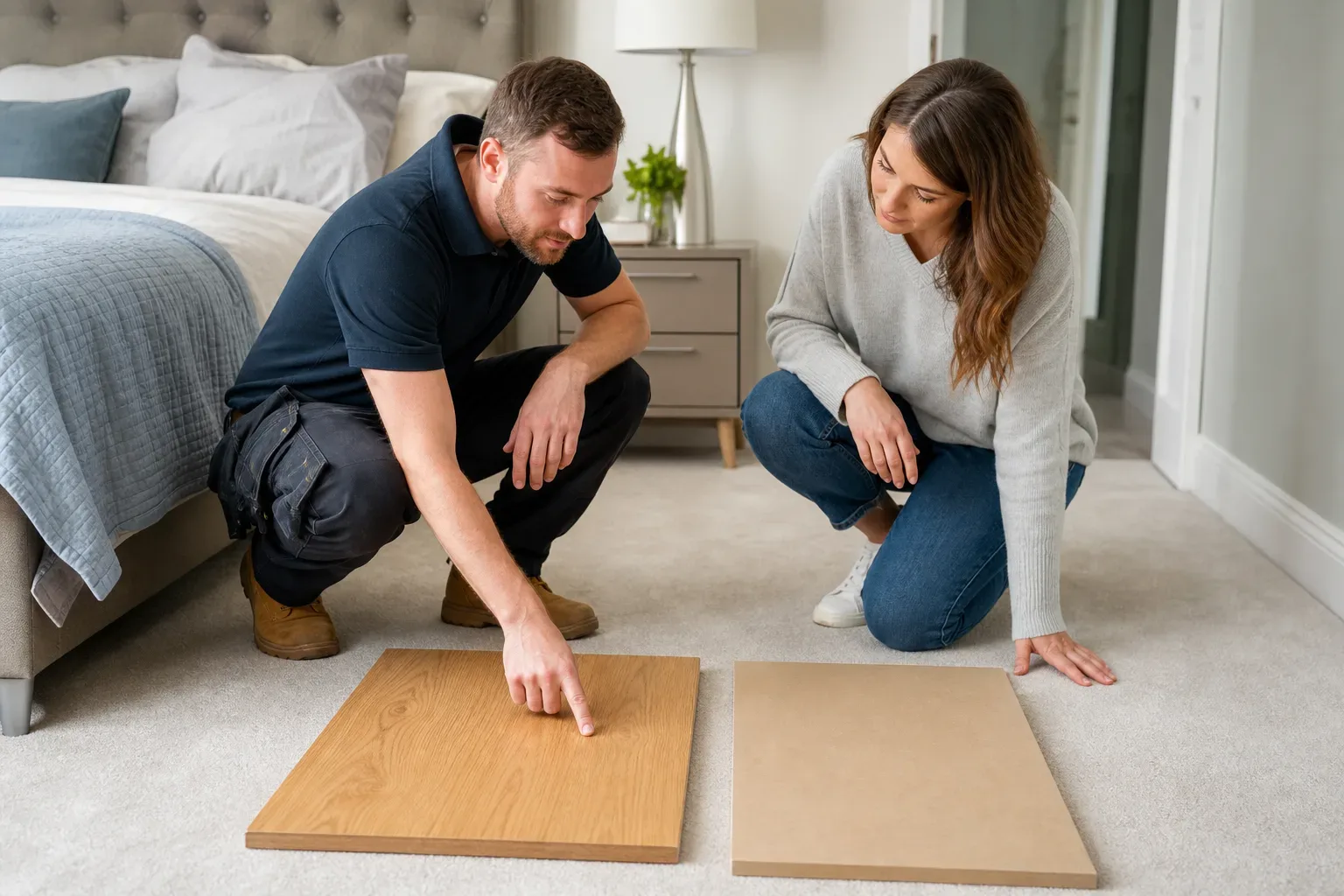 A tradesperson placing a solid oak panel flat on the bedroom carpet beside a moisture-resistant MDF panel while pointing out the grain to a homeowner crouching alongside in a well-lit room