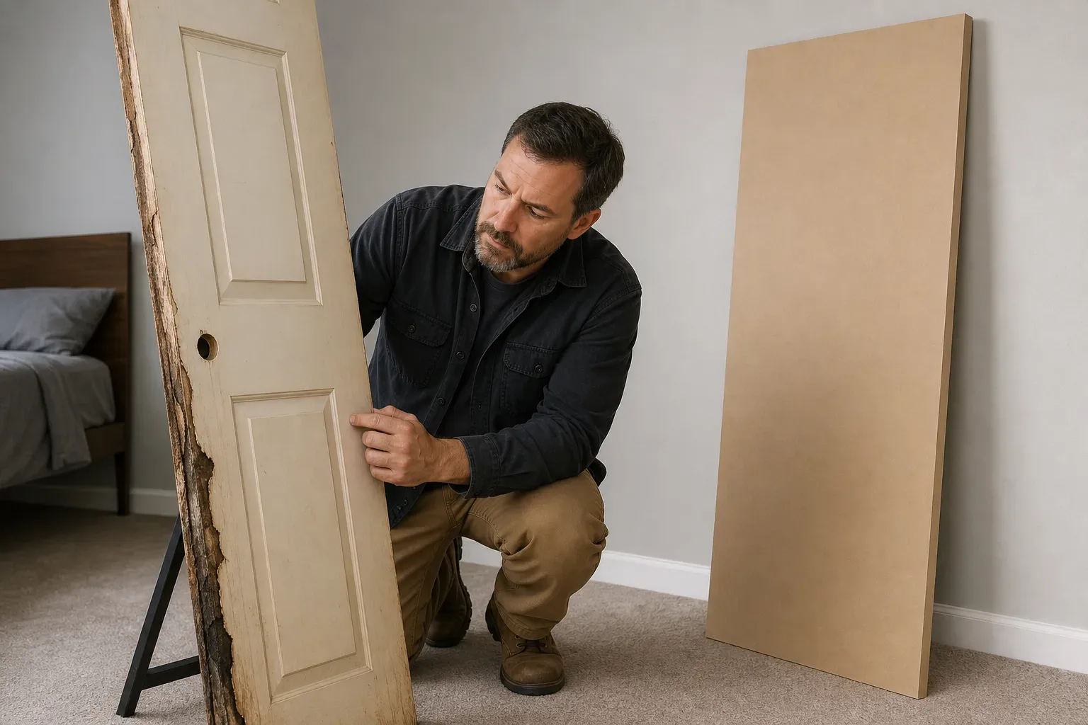 A carpenter running a finger along a warped door edge on a freestanding panel to show moisture damage while an MDF panel with clean sealed edges stands upright against the bedroom wall beside it