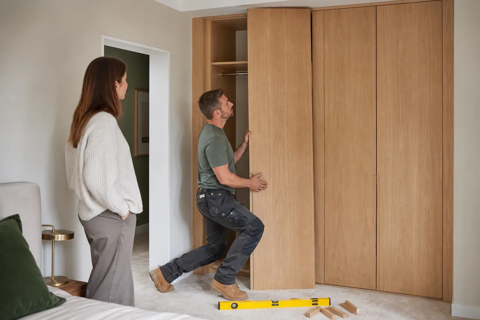 A tradesperson fitting a solid wood wardrobe door to a floor-to-ceiling carcass in a bedroom alcove while a homeowner observes and a spirit level and timber offcuts rest on the carpet below