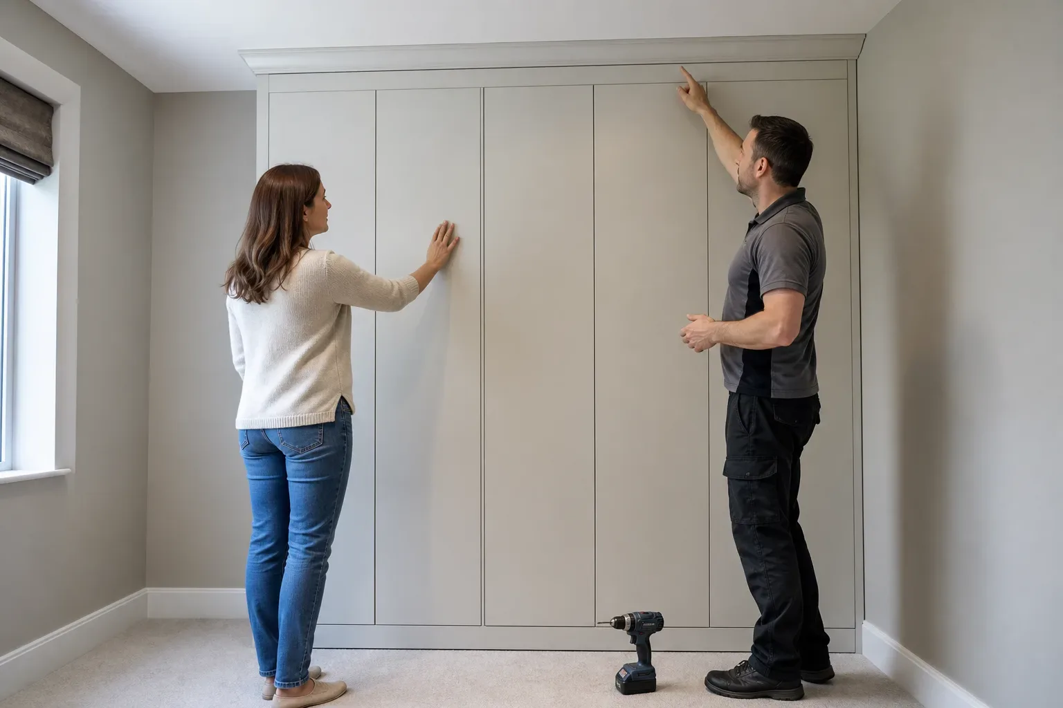 A homeowner touching the face of a floor-to-ceiling painted MDF wardrobe while the tradesperson indicates the sealed edge at the cornice join and a cordless drill rests on the carpet below