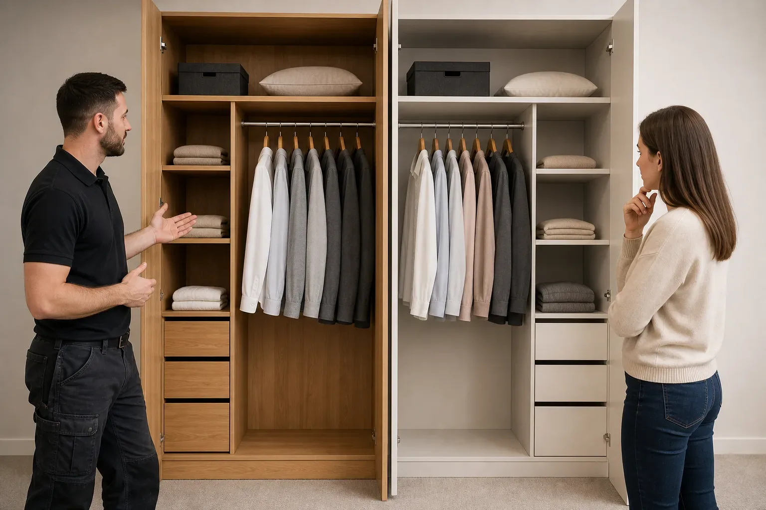 A tradesperson standing beside two open wardrobe sections, one with solid wood shelving and one with MDF, while a homeowner compares the interiors and organised clothing hangs on the rail inside