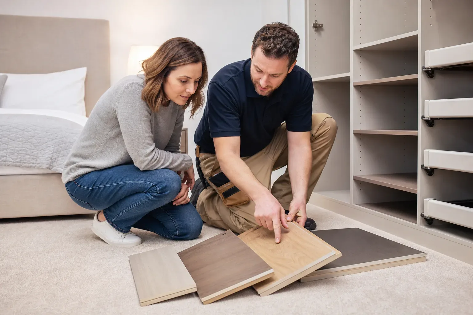 A tradesperson laying several board samples on the bedroom carpet beside an open wardrobe carcass and pointing to the edge detail of each one while a homeowner crouches alongside to compare
