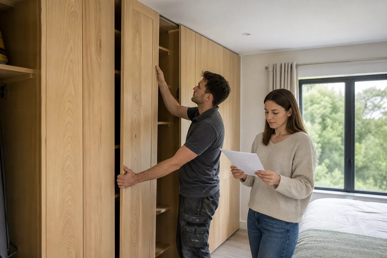 A carpenter fitting a certified solid ash wardrobe door onto a floor-to-ceiling carcass while a homeowner reads a printed timber certification document nearby and daylight enters from the bedroom window