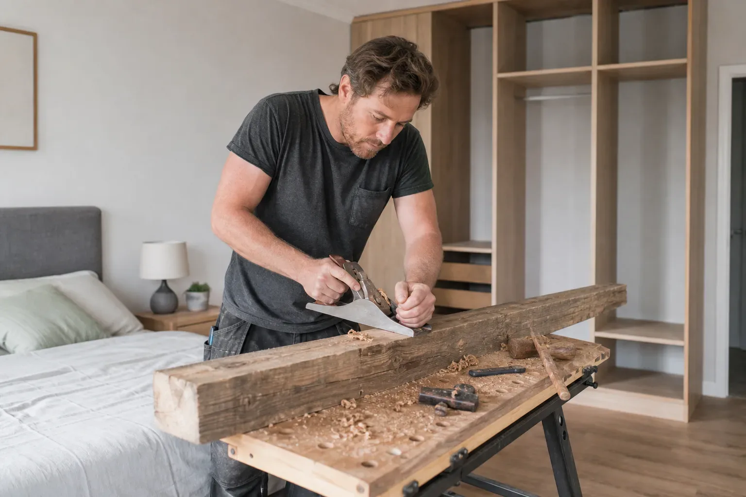 A tradesperson planing the face of a reclaimed timber board on a workbench set up in a bedroom while a floor-to-ceiling wardrobe carcass stands partly assembled against the wall behind