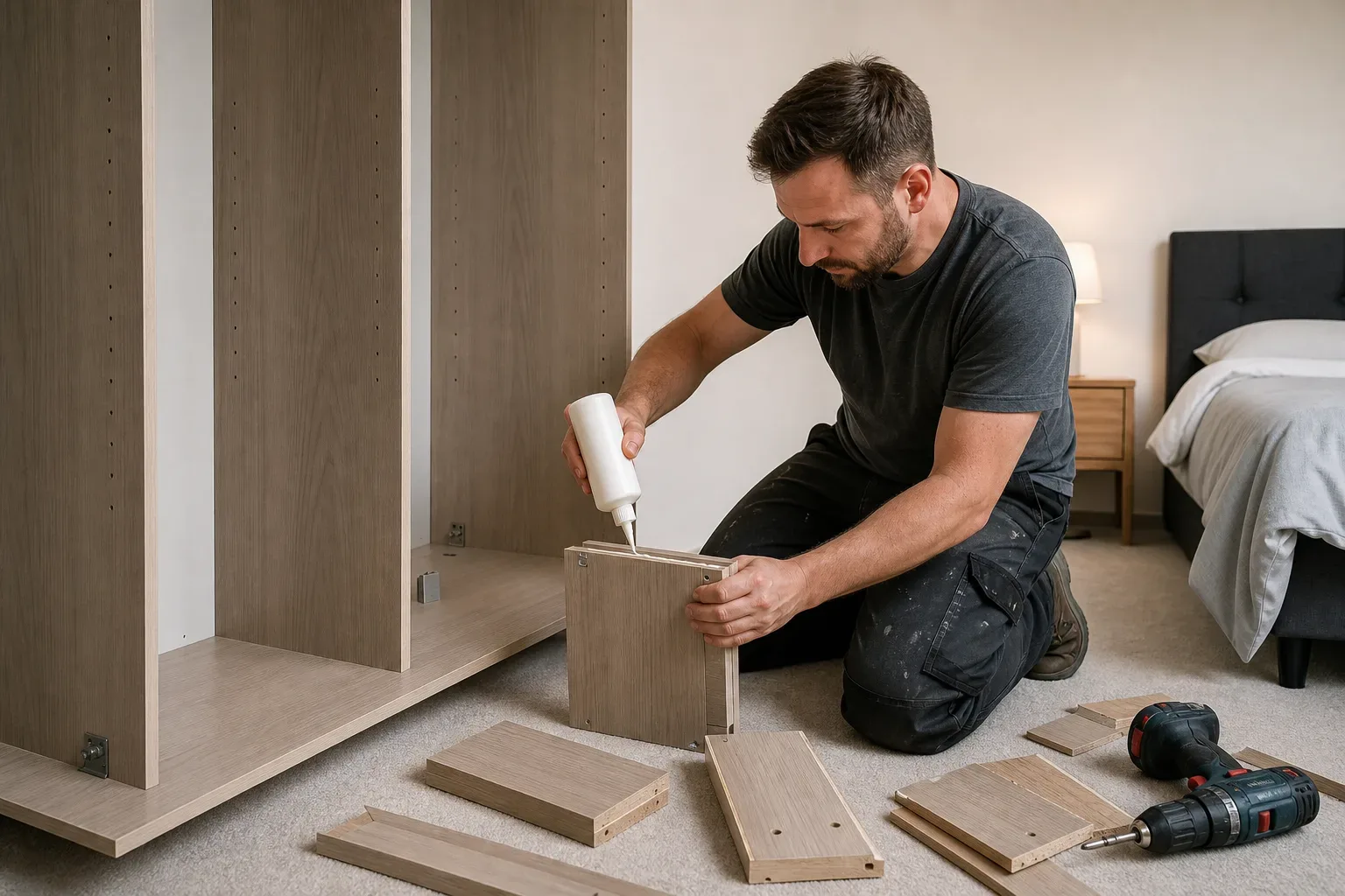 A carpenter applying solvent-free wood adhesive to a wardrobe carcass joint before pressing the panel together while timber offcuts and a cordless drill rest on the carpet in a tidy bedroom