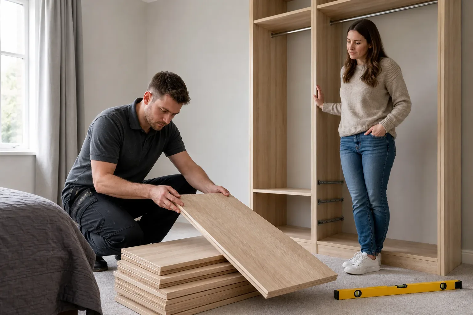 A tradesperson examining the grain of a stacked set of freshly delivered timber wardrobe panels in a bedroom while the homeowner stands beside an open carcass and a spirit level rests on the carpet
