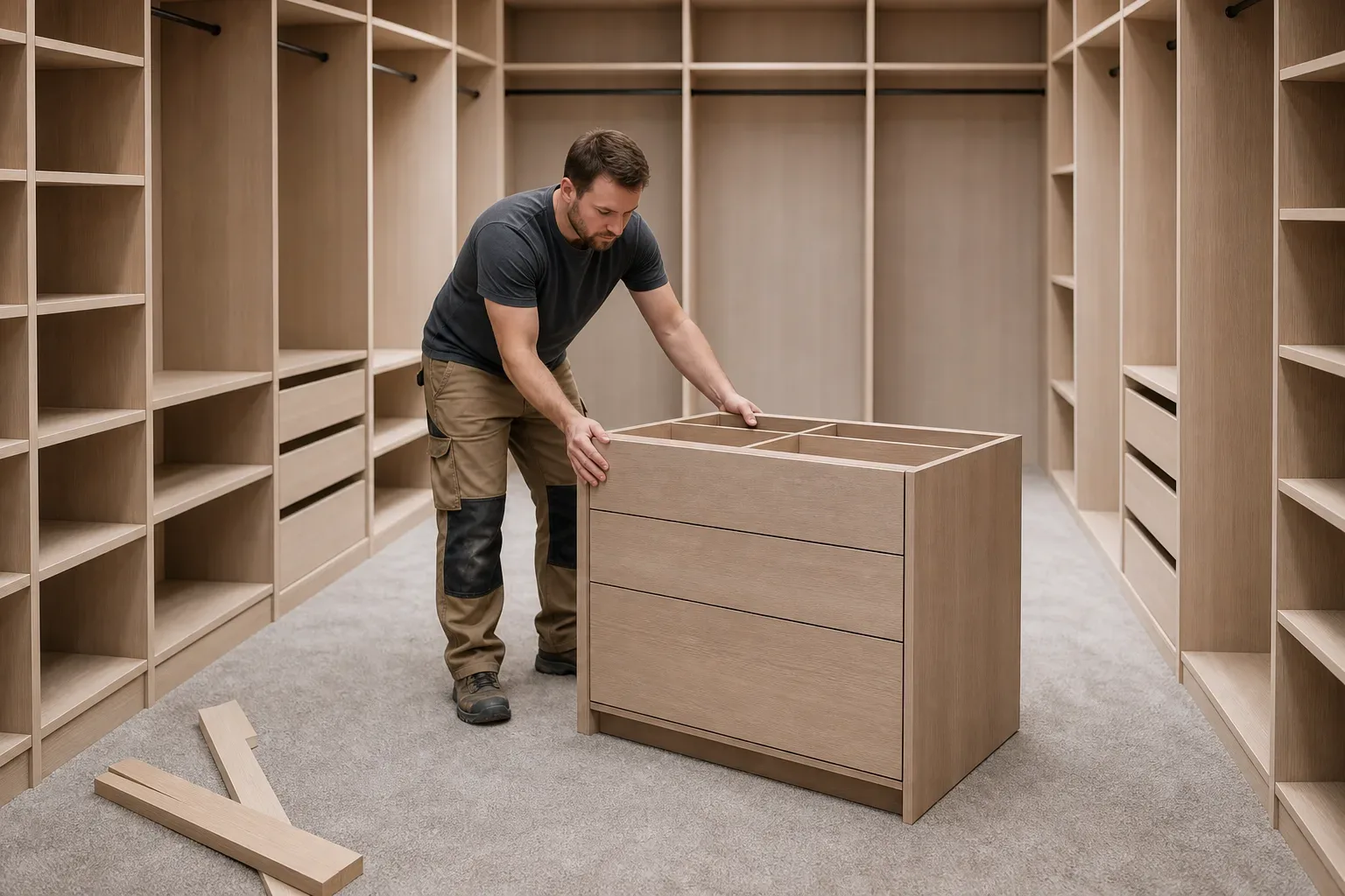 A person positions a wooden chest of drawers with open compartments on top inside a large walk-in wardrobe fitted with shelving on all sides