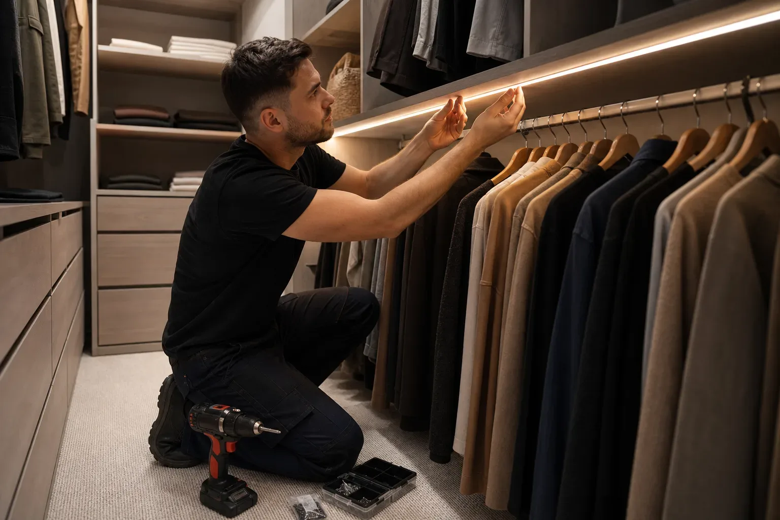 A person kneels on a carpeted walk-in wardrobe floor installing LED strip lighting beneath a shelf above a hanging rail of organised clothing, with a cordless drill and fixings box on the floor beside them