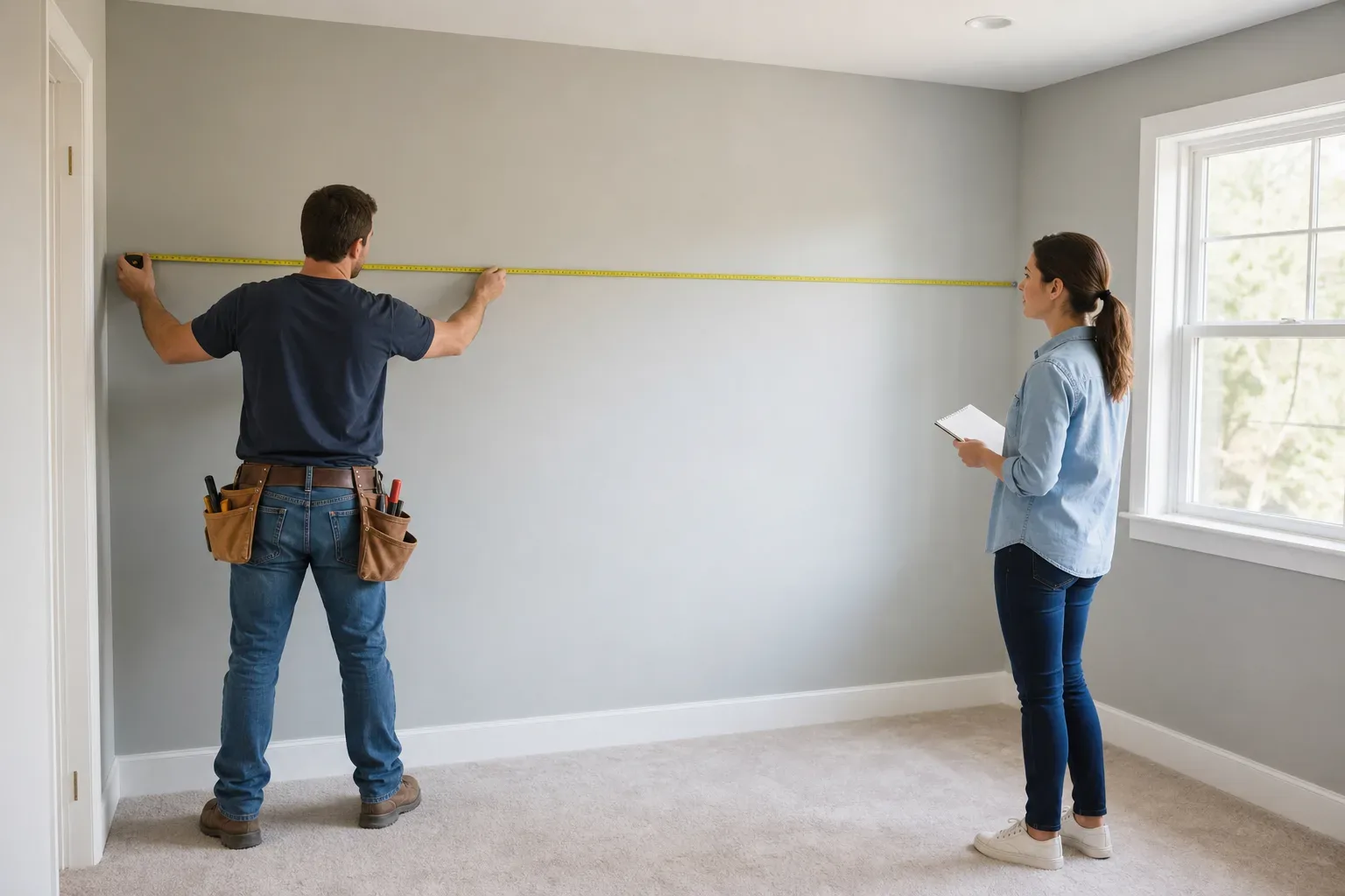 A person in a tool belt measures a wall with a tape measure while another person stands nearby holding a notepad, inside an empty carpeted room