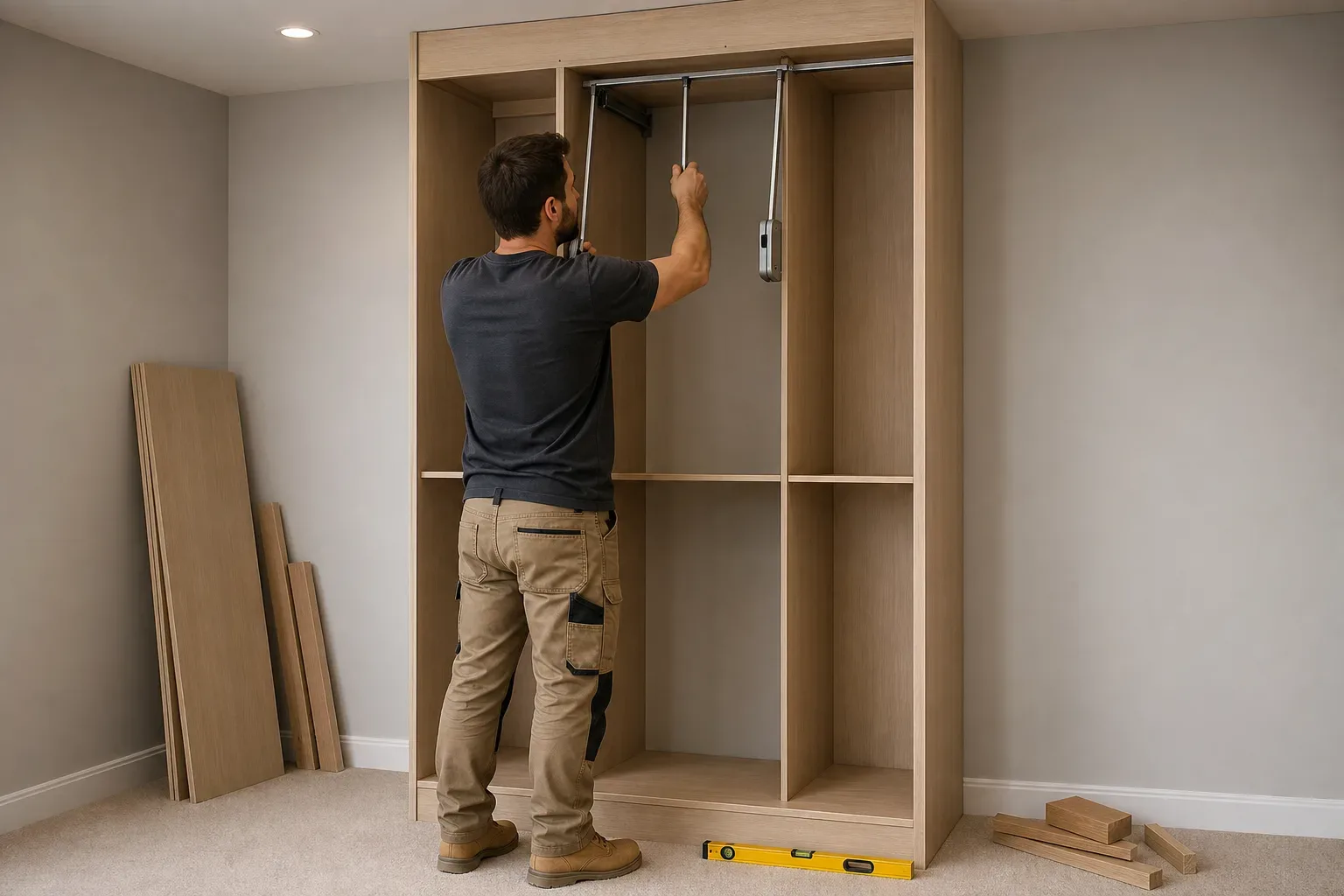 A tradesperson installs a hanging rail inside a large wooden wardrobe carcass in a carpeted room, with a spirit level and timber offcuts on the floor nearby