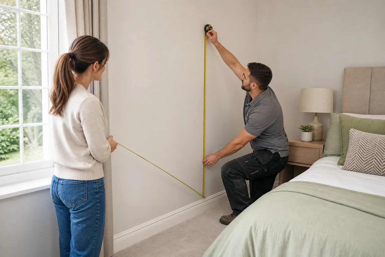 Two people measure a bedroom wall with a tape measure, one kneeling by the skirting board and one holding the far end near a window