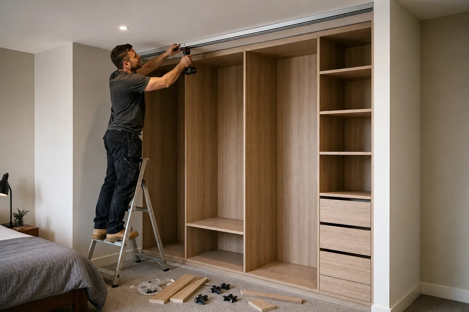 A carpenter fitting a sliding door track to the ceiling above a floor-to-ceiling wardrobe carcass in a bedroom alcove while timber offcuts and installation hardware lie on the carpet below