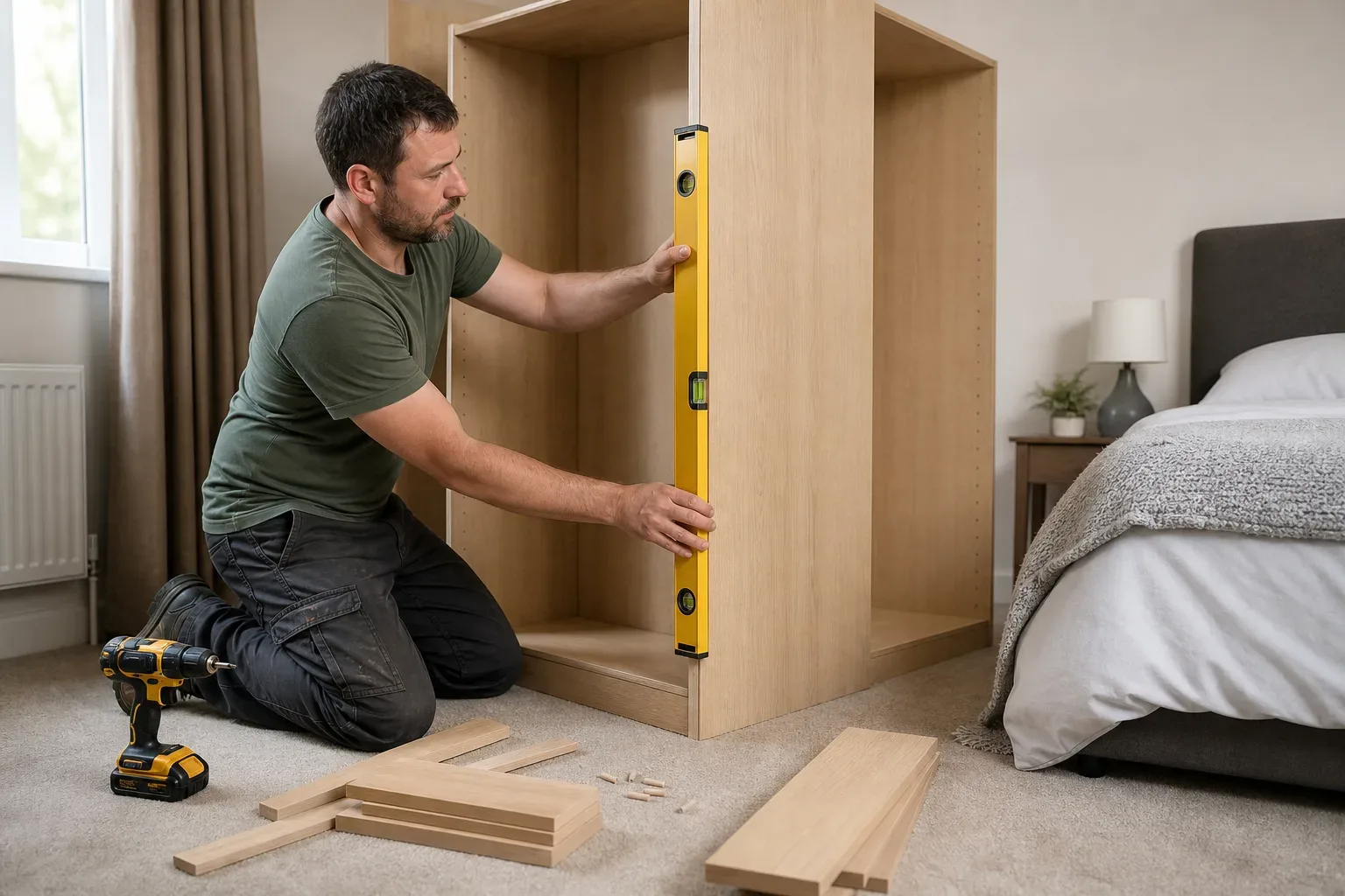A person kneels on a carpeted bedroom floor using a spirit level against a wooden shelving unit, with a cordless drill and timber offcuts nearby