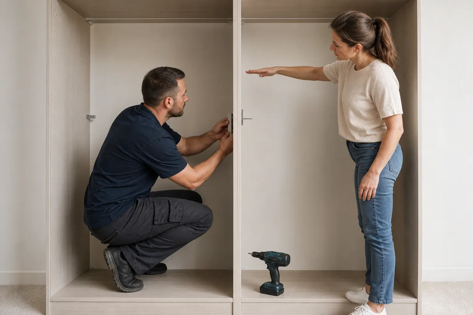 A tradesperson crouching inside an open wardrobe carcass to position a shelf bracket while a homeowner stands beside the unit indicating a preferred height and a cordless drill rests on the carpet