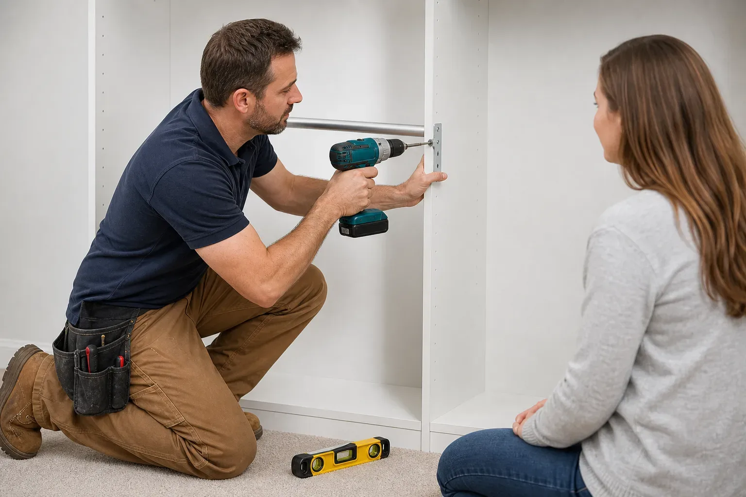 A carpenter drilling a hanging rail bracket into the wardrobe carcass side panel using a cordless drill while a spirit level rests on the carpet below and the homeowner watches from nearby