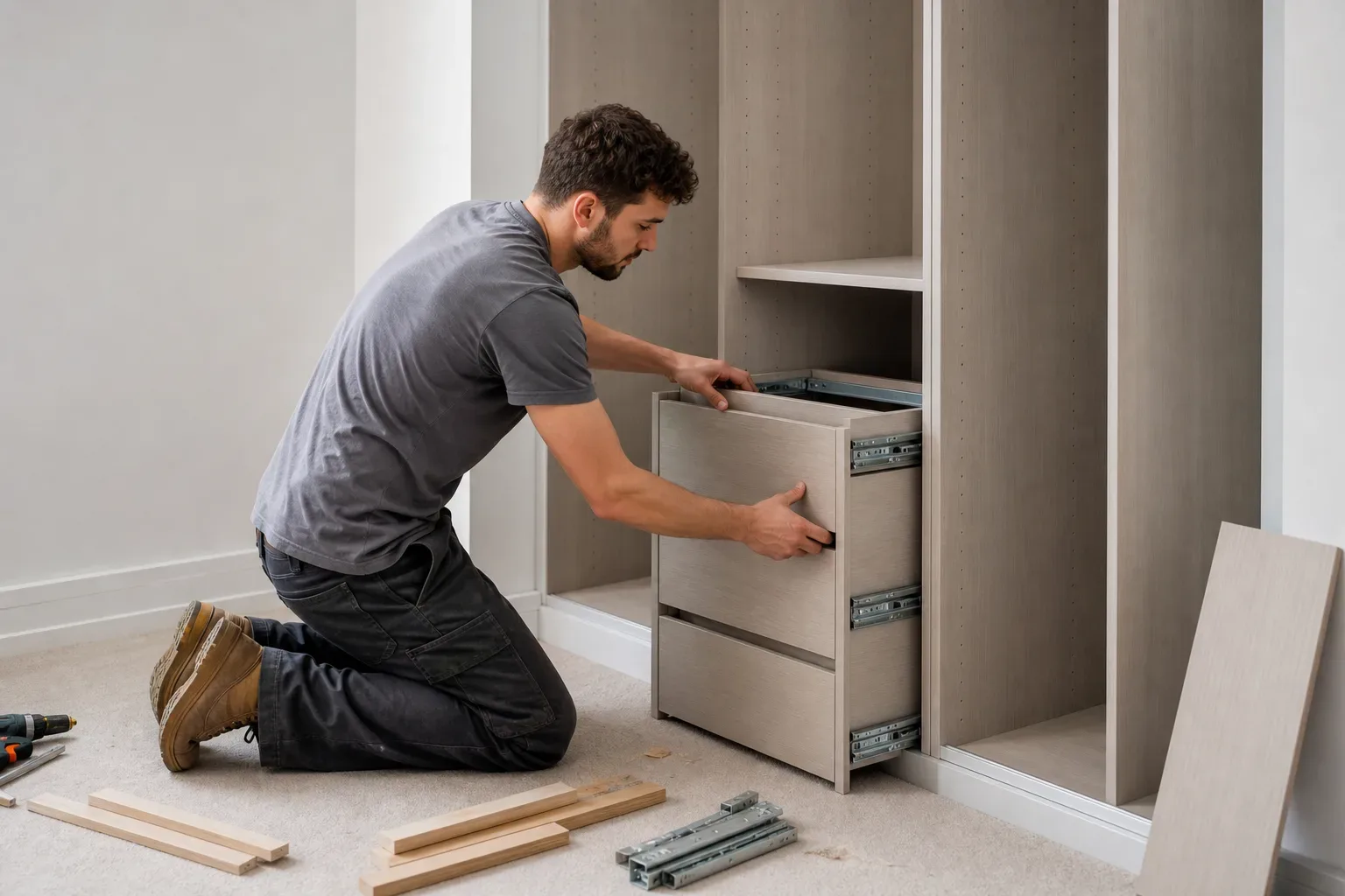 A tradesperson fitting a pull-out drawer unit inside a floor-to-ceiling wardrobe carcass set into a shallow bedroom alcove while timber offcuts and installation hardware rest on the carpet outside