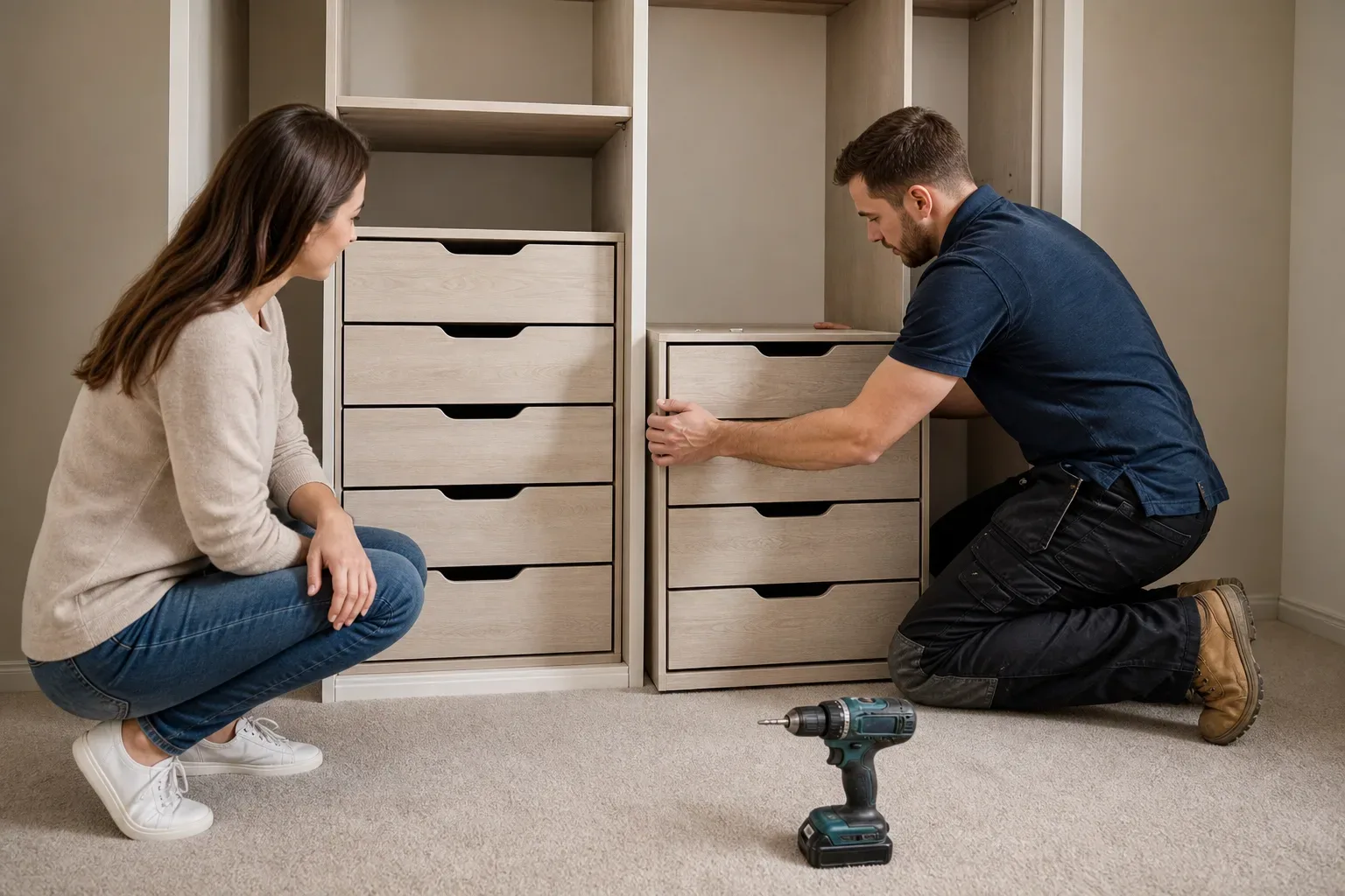 A carpenter fitting a second drawer tower into an open wardrobe section beside an already completed drawer column while the homeowner reviews the layout and a cordless drill lies on the carpet