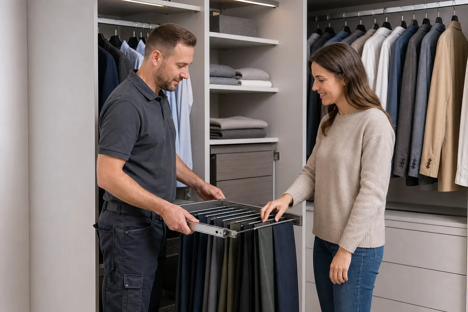 A tradesperson sliding a pull-out trouser rack on its runners inside an open wardrobe bay while a homeowner tests the action and organised clothing hangs in the adjacent section of the floor-to-ceiling unit